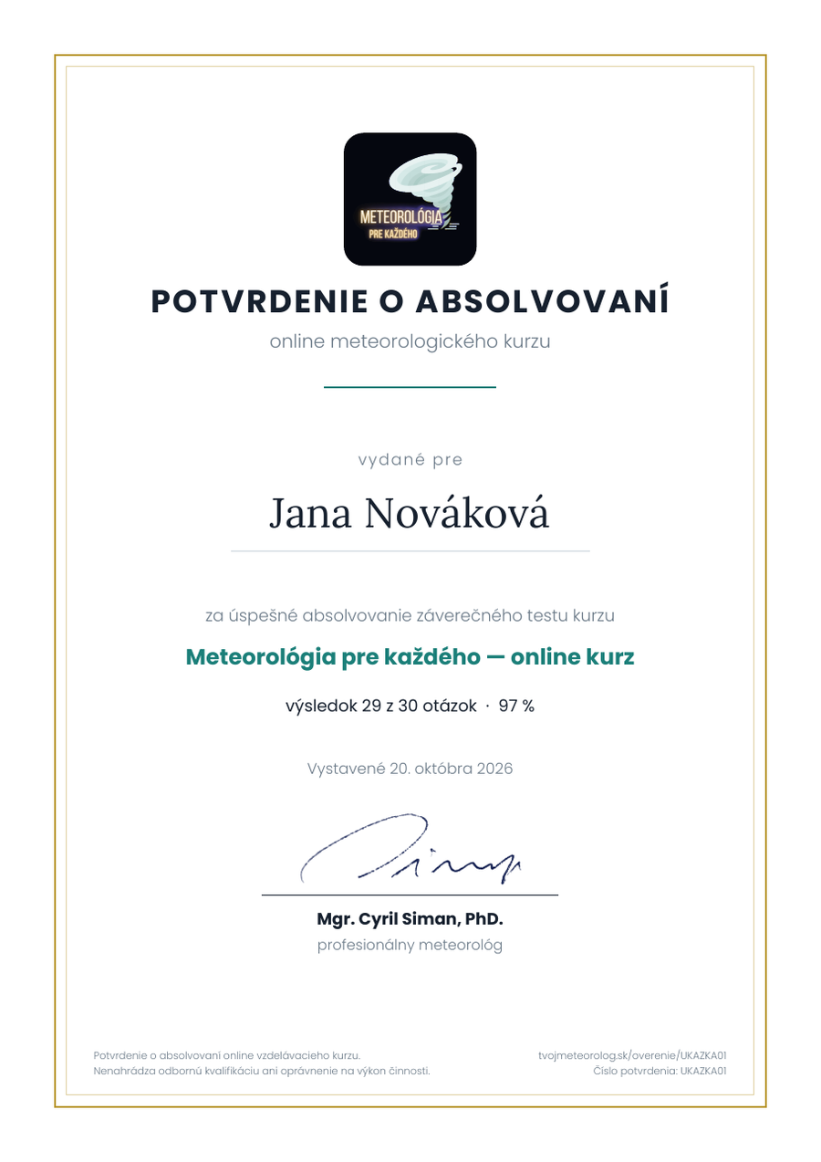 Ukážka potvrdenia o absolvovaní kurzu s menom, výsledkom testu a overovacím číslom