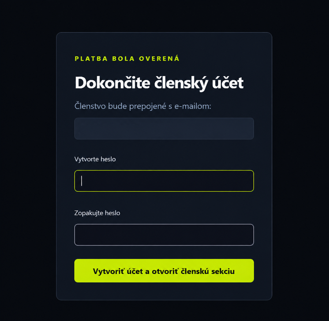 Okno na dokončenie členského účtu